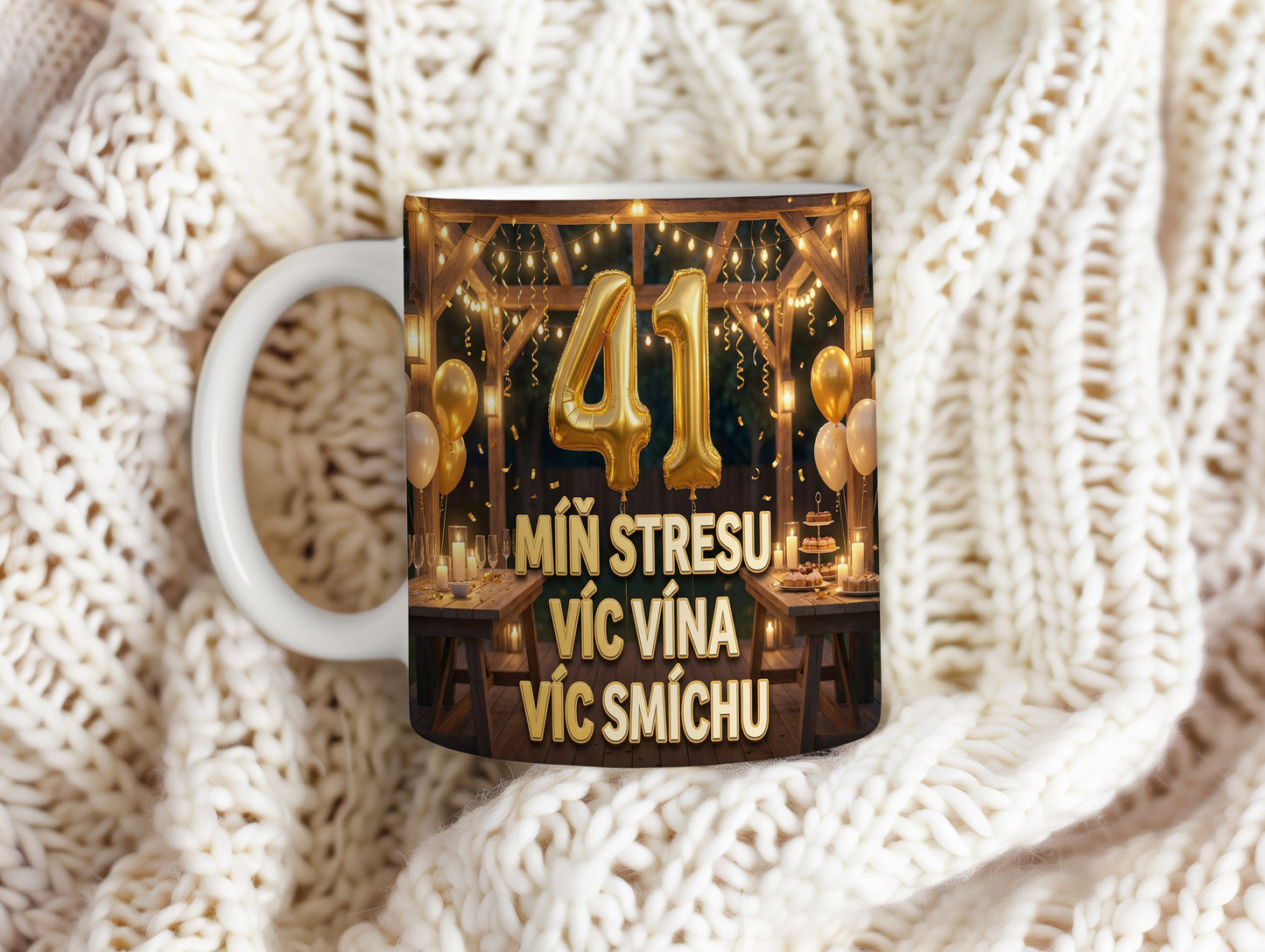 Narozeninový hrnek 41 let – MÍŇ STRESU VÍC VÍNA VÍC SMÍCHU
