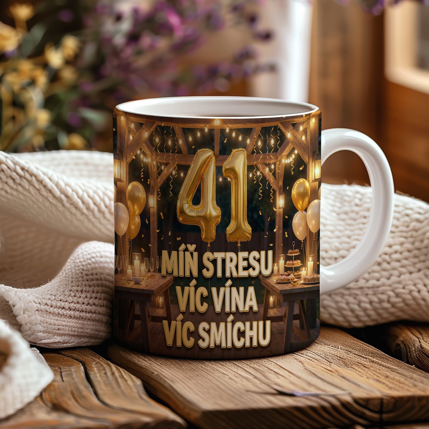 Narozeninový hrnek 41 let – MÍŇ STRESU VÍC VÍNA VÍC SMÍCHU