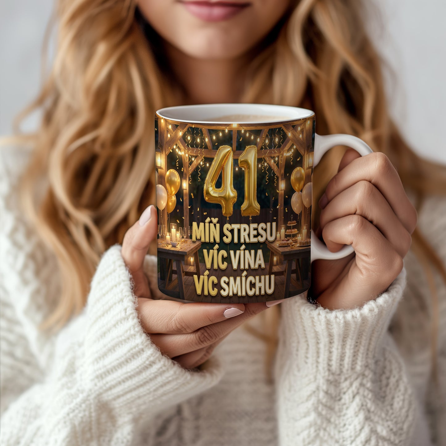 Narozeninový hrnek 41 let – MÍŇ STRESU VÍC VÍNA VÍC SMÍCHU