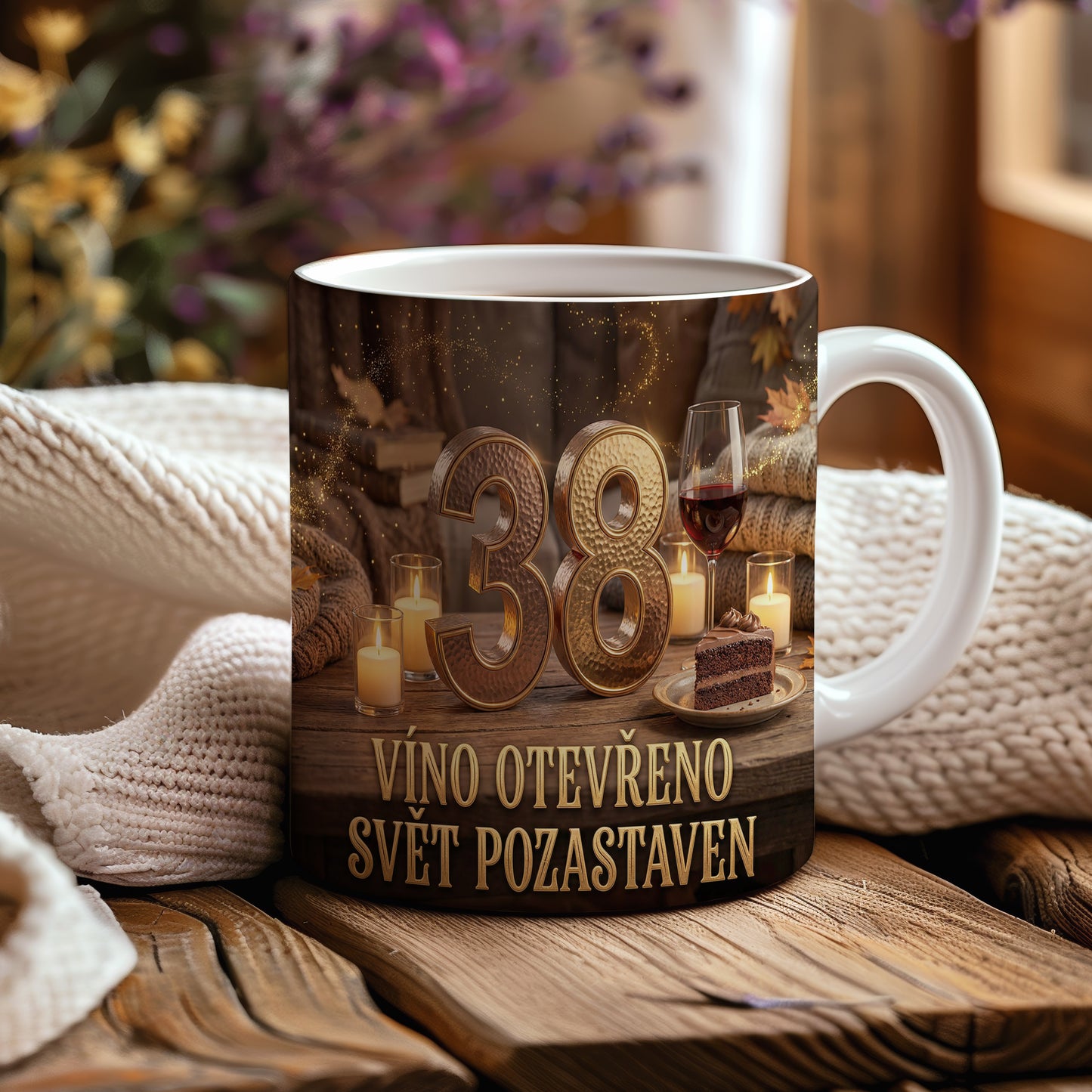 Narozeninový hrnek 38 let – VÍNO OTEVŘENO, SVĚT POZASTAVEN
