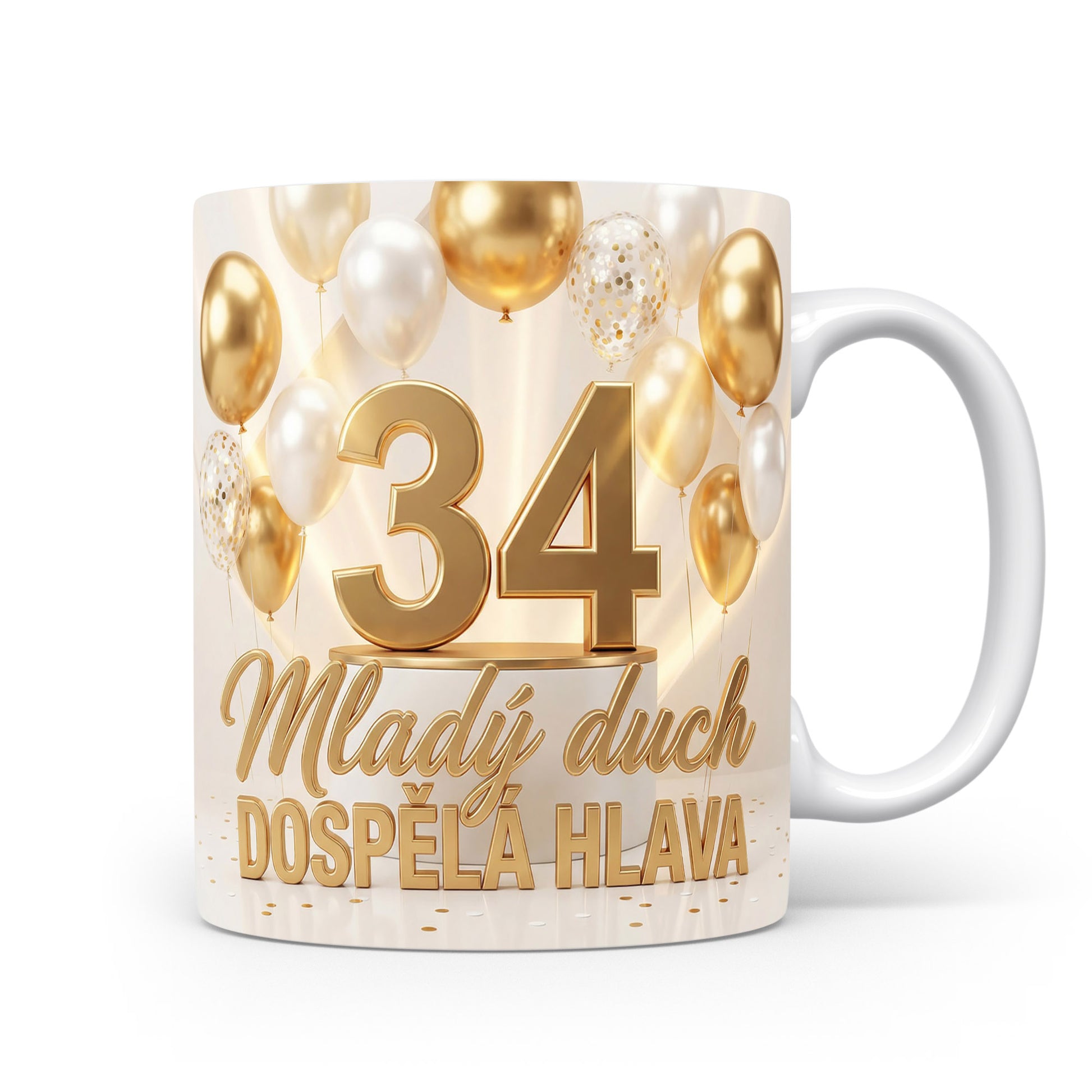 Narozeninový hrnek s číslem 34 a nápisem 'Mladý duch, dospělá hlava'.