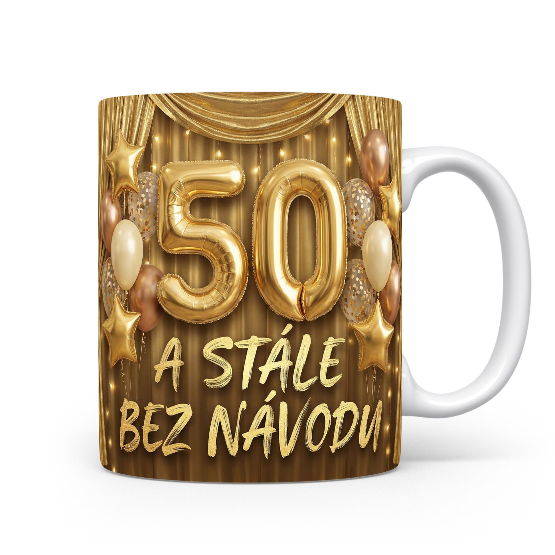 Hnědý hrnek s nápisem 50 a stále bez návodu