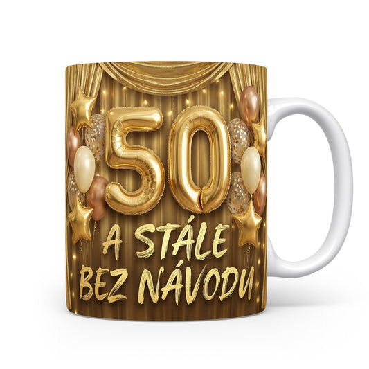 Hnědý hrnek s nápisem 50 a stále bez návodu