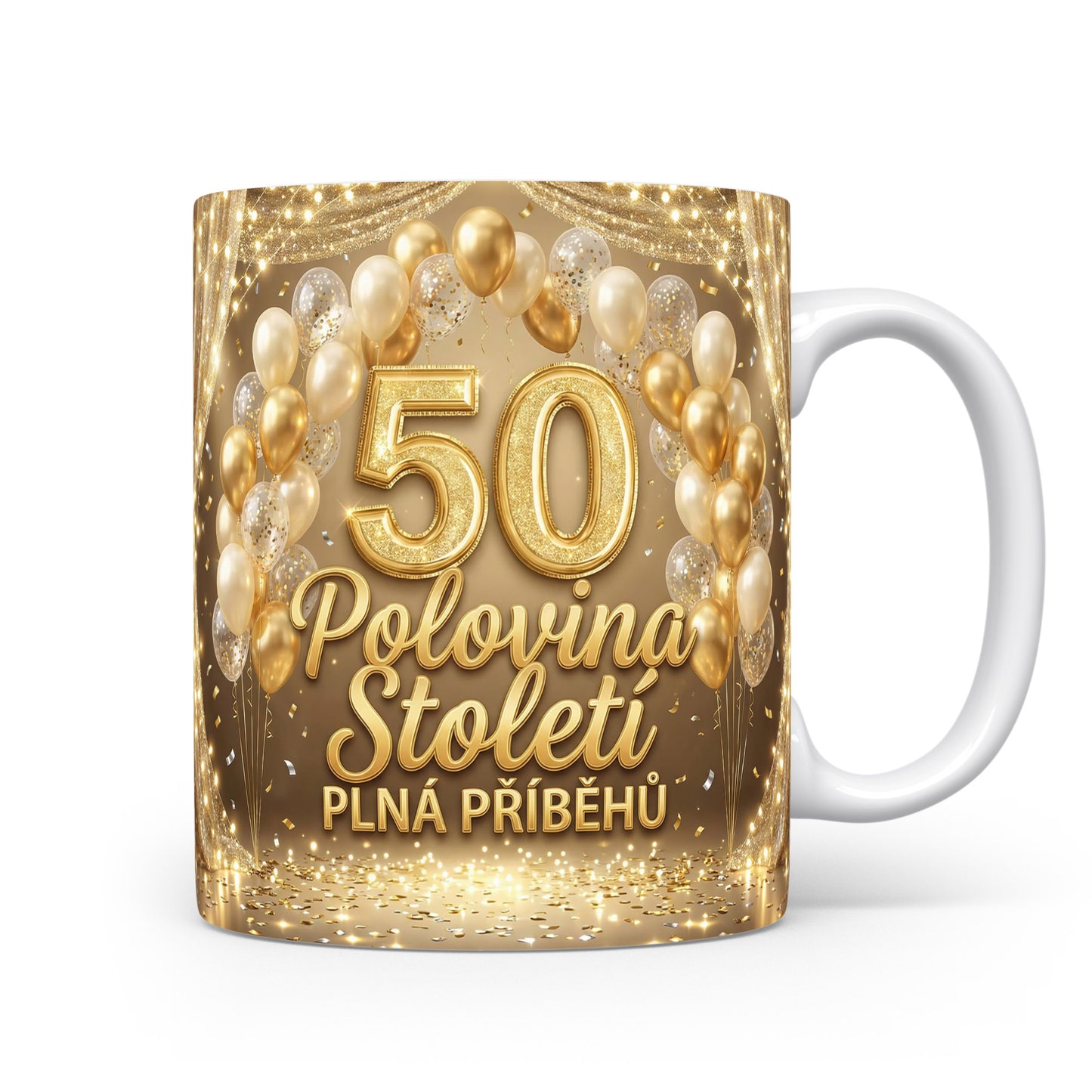 Hrnček s nápisem Polovina Století PLNÁ PŘÍBĚHŮ