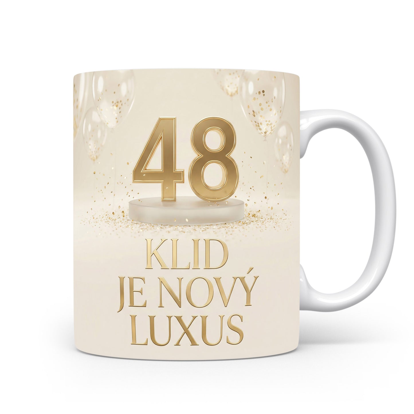 Narozeninový hrnek s číslem 48 a nápisem 'KLID JE NOVÝ LUXUS'