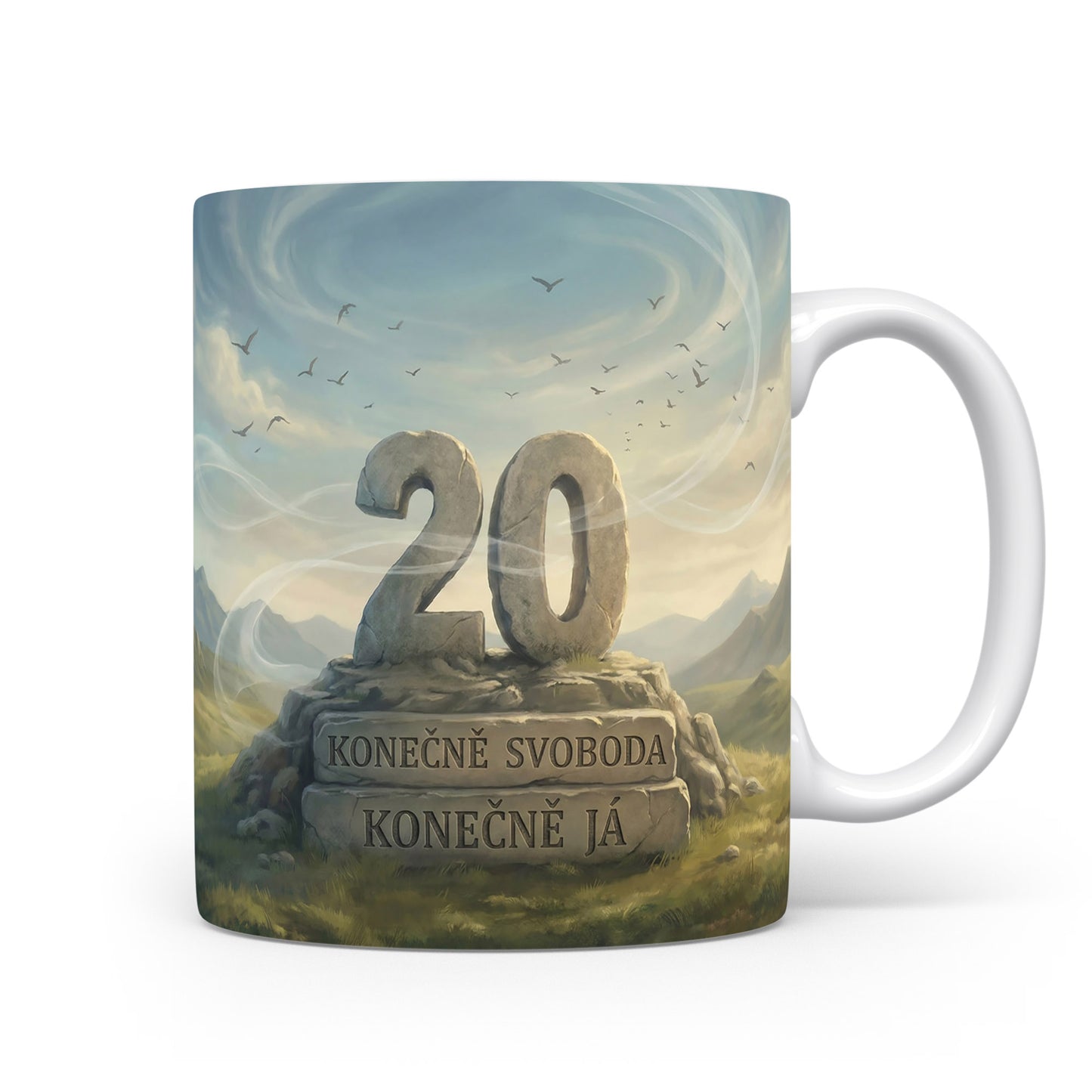 Hrnček s nápisem 'Konečně svoboda, konečně já'