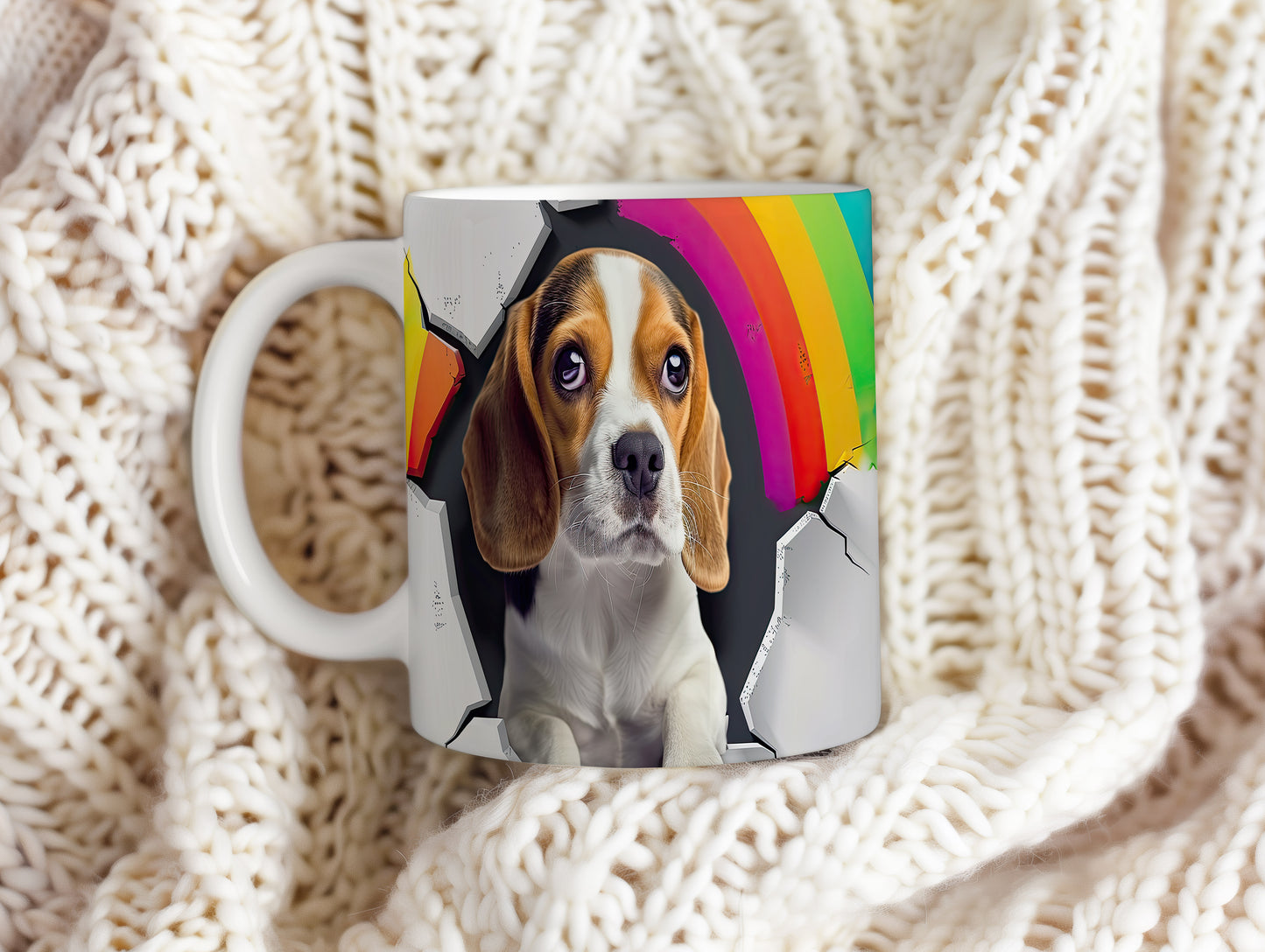 Hrnek s beagle psem a duhou – černobílým motivem