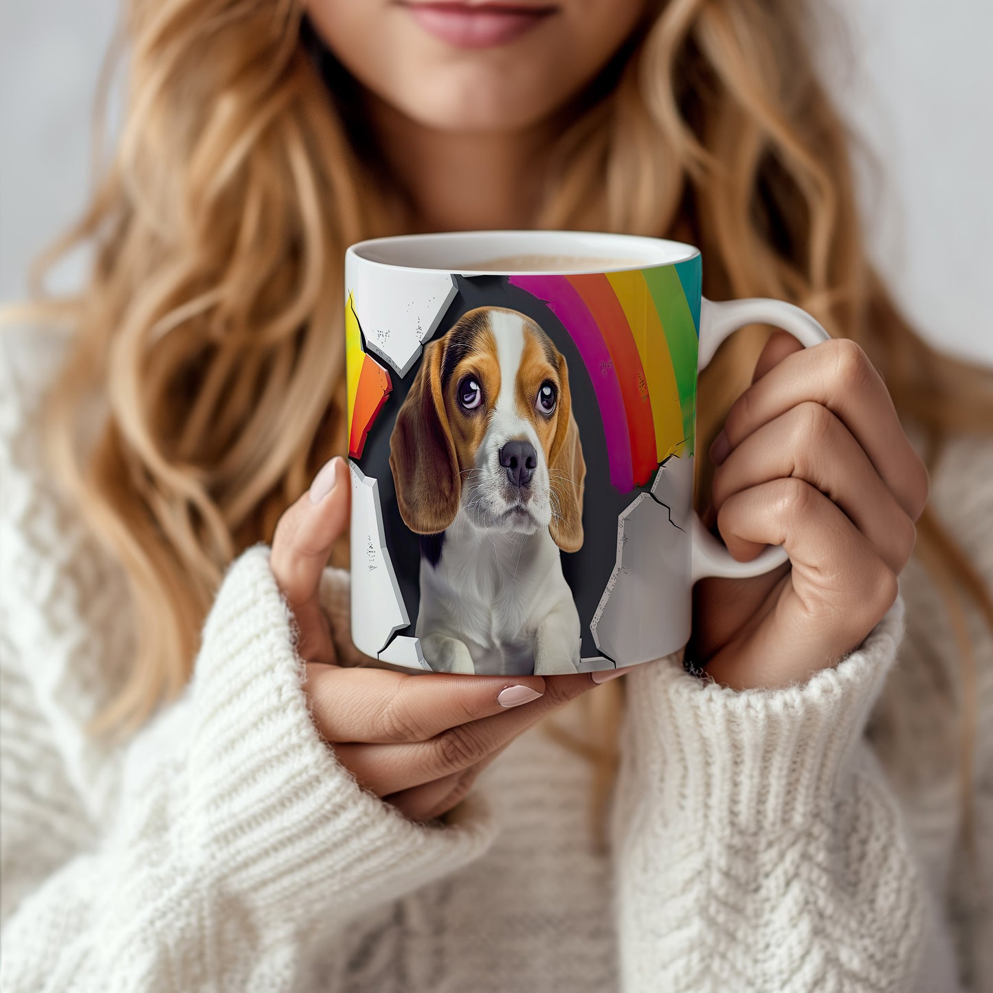 Hrnek s beagle psem a duhou – černobílým motivem