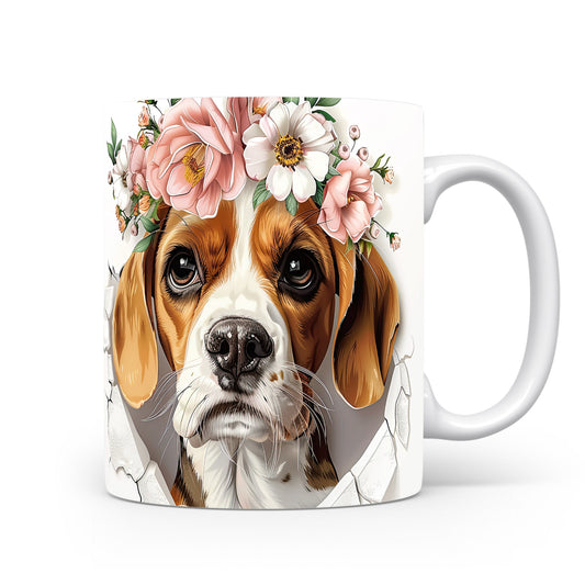Hrnek s Beagle psem v květinové koruně
