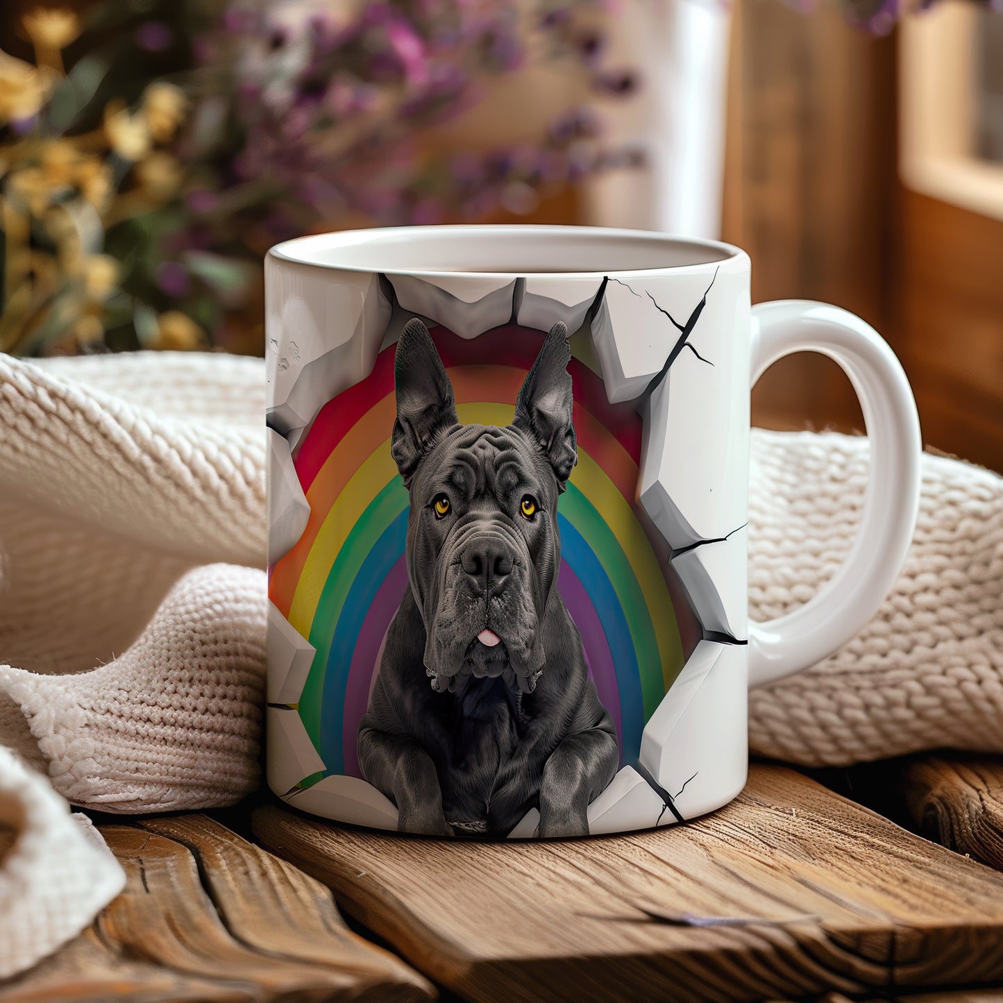 Hrnek se černým cane corso a duhovým 3D efektem