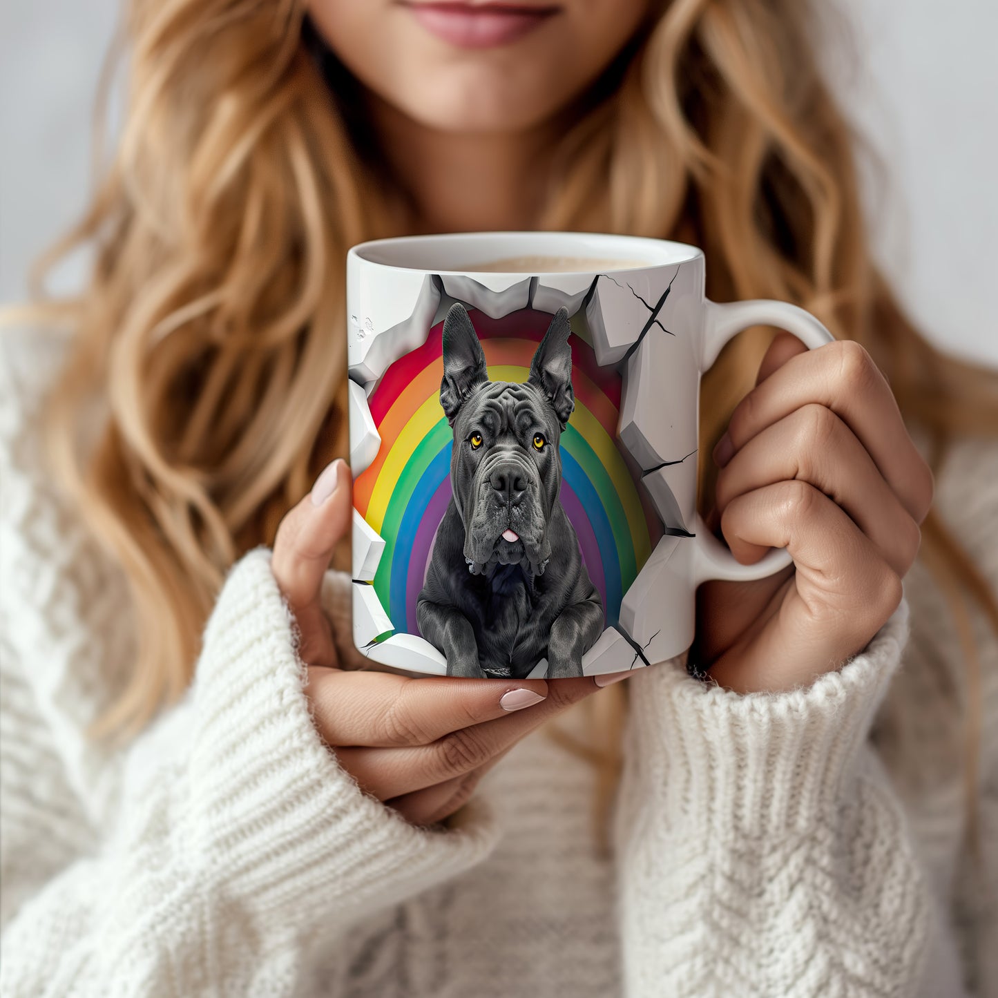 Hrnek se černým cane corso a duhovým 3D efektem