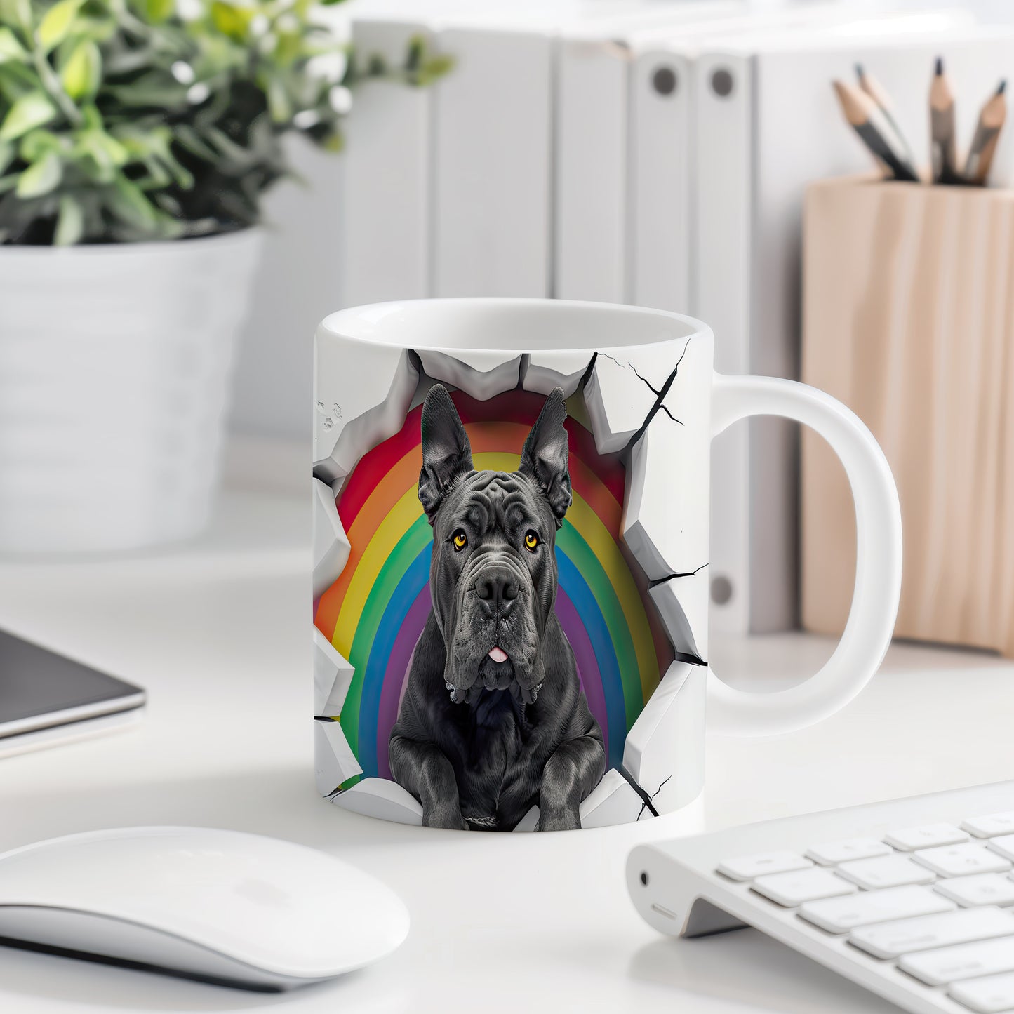 Hrnek se černým cane corso a duhovým 3D efektem
