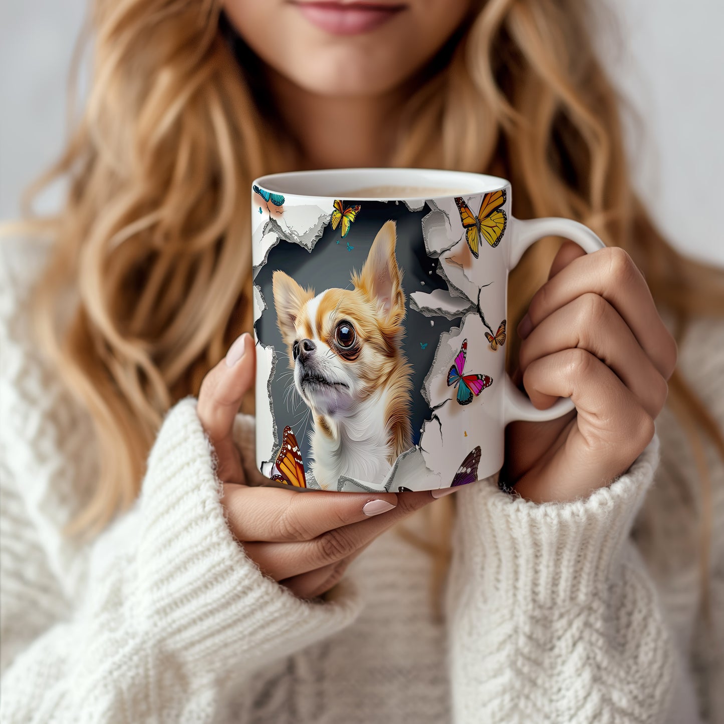 Hrnek se čivavou a motýly 3D efektem