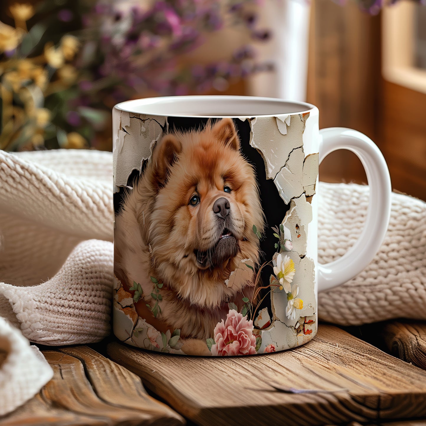 Hrnek s chow chow psem a květinovým 3D efektem