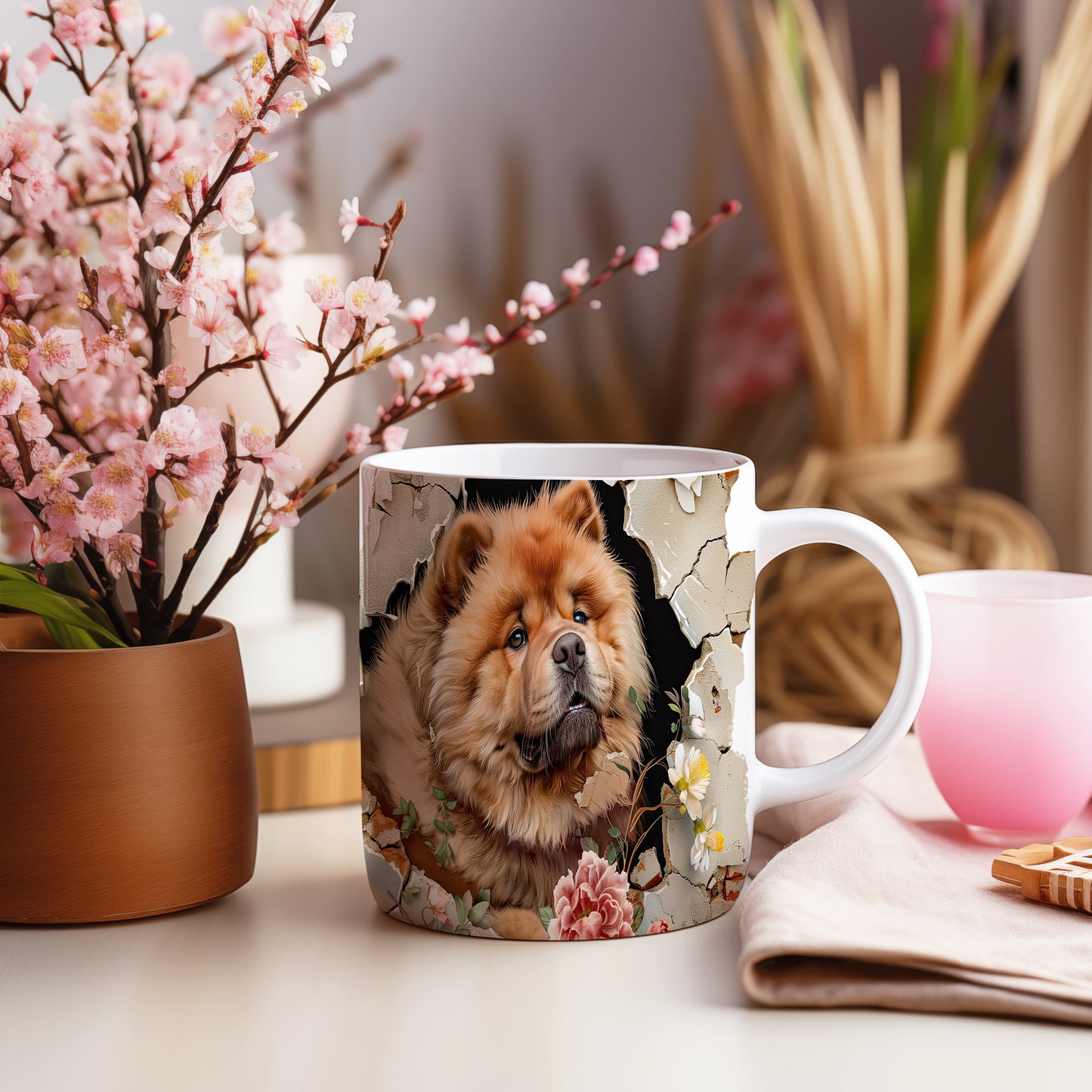 Hrnek s chow chow psem a květinovým 3D efektem