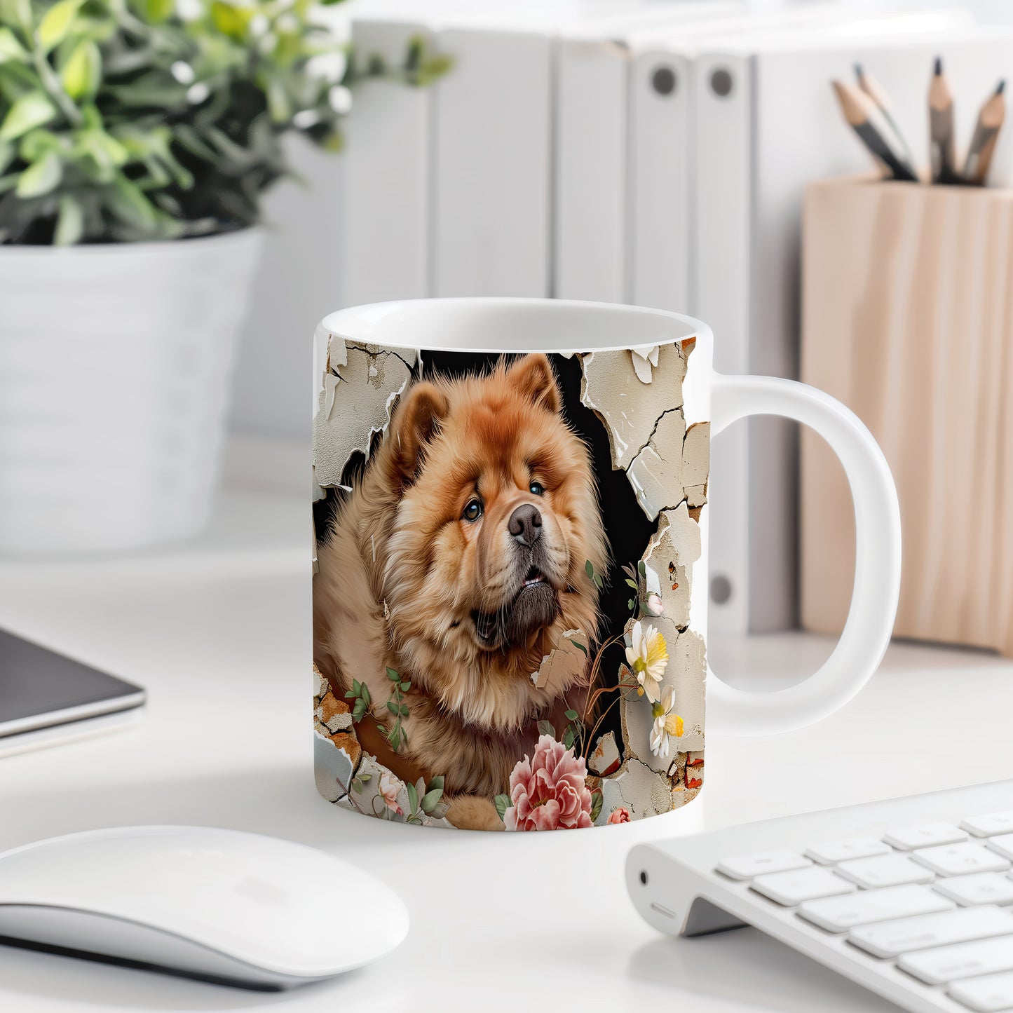 Hrnek s chow chow psem a květinovým 3D efektem