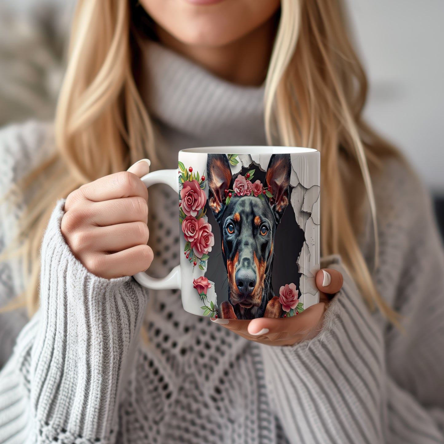 Hrnek s dobermanem a květinovým věncem