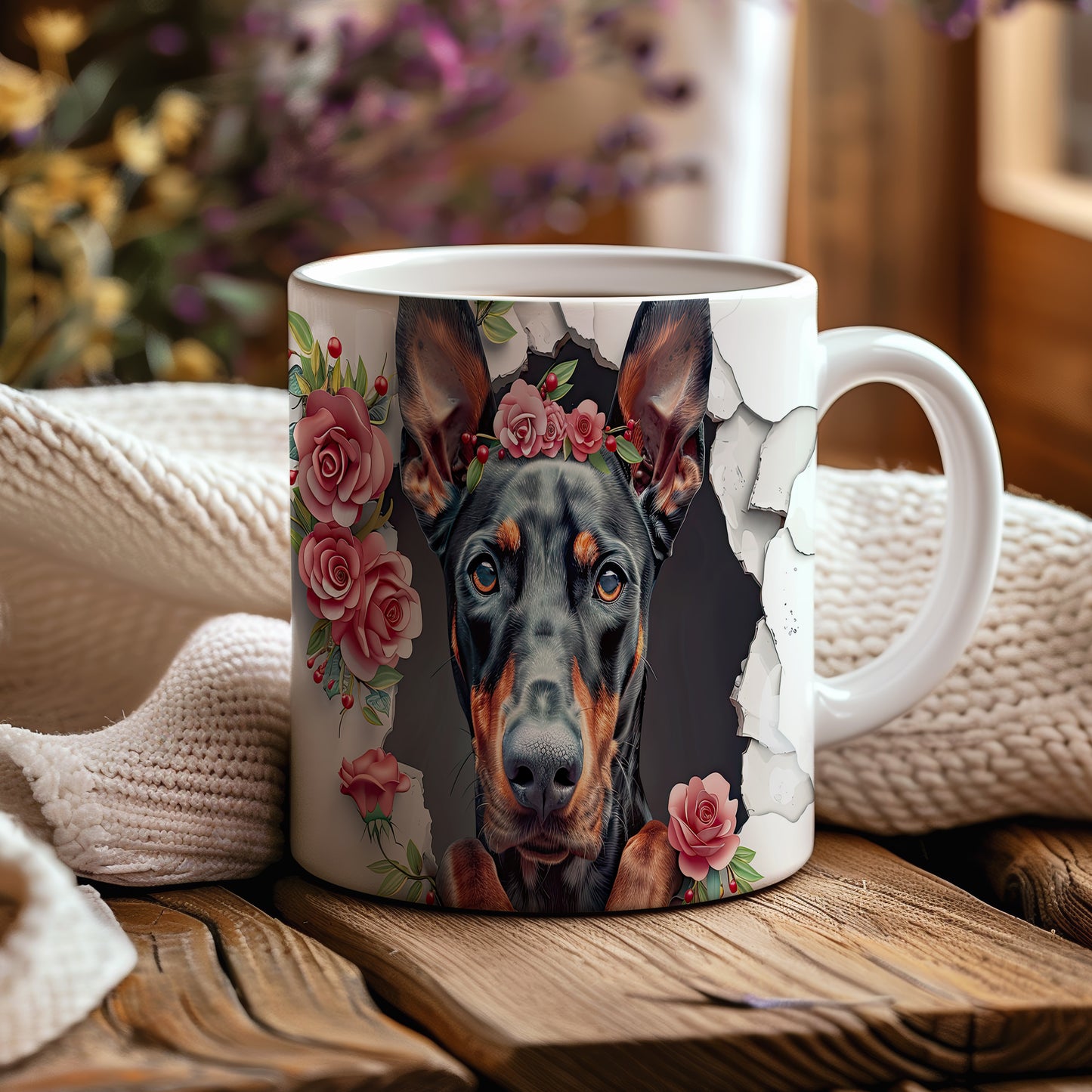 Hrnek s dobermanem a květinovým věncem