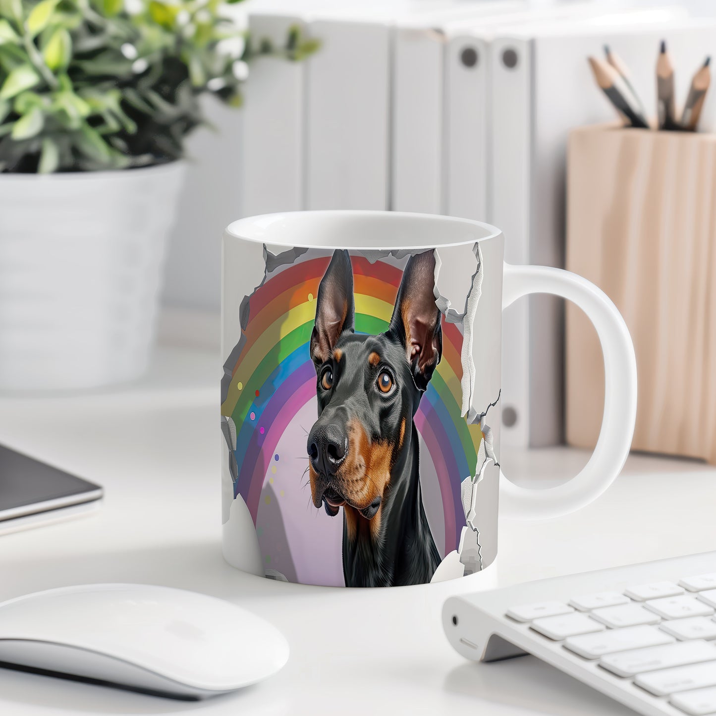 Hrnek s dobermanem ovčákem a duhovým 3D efektem
