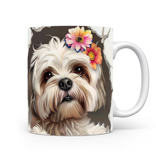 Hrnek se šťastným shihtzu a květy