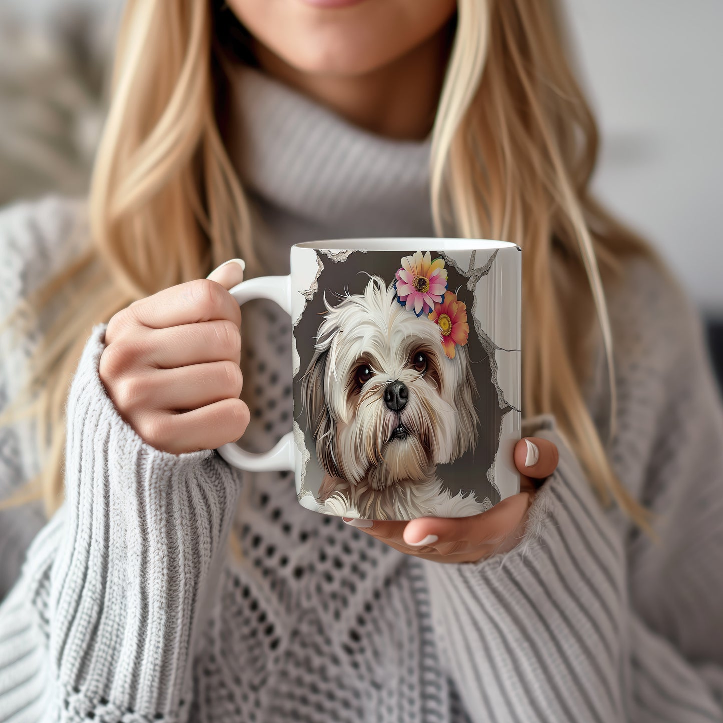 Hrnek se šťastným shihtzu a květy