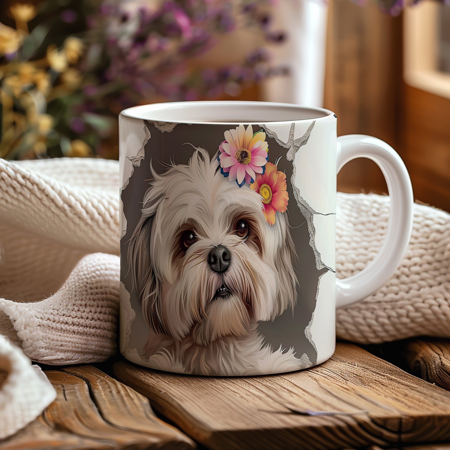 Hrnek se šťastným shihtzu a květy