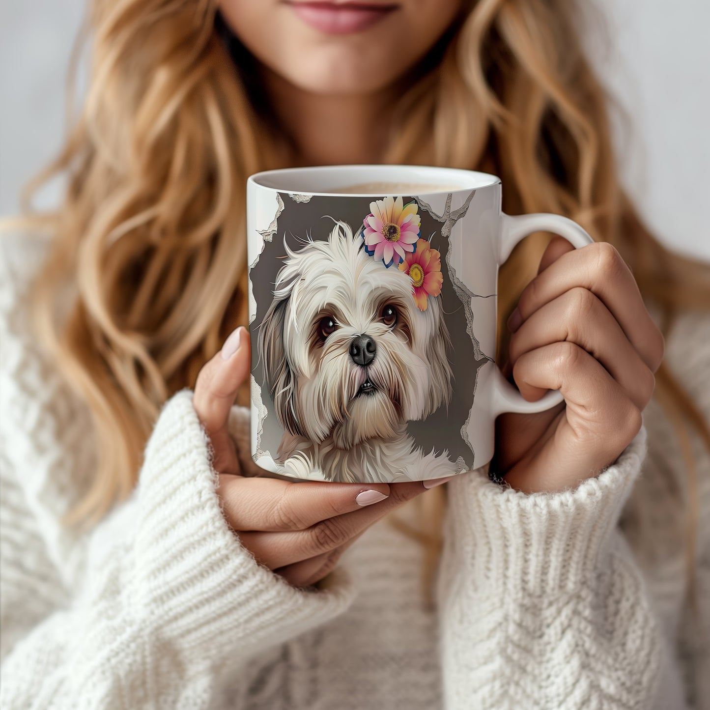 Hrnek se šťastným shihtzu a květy