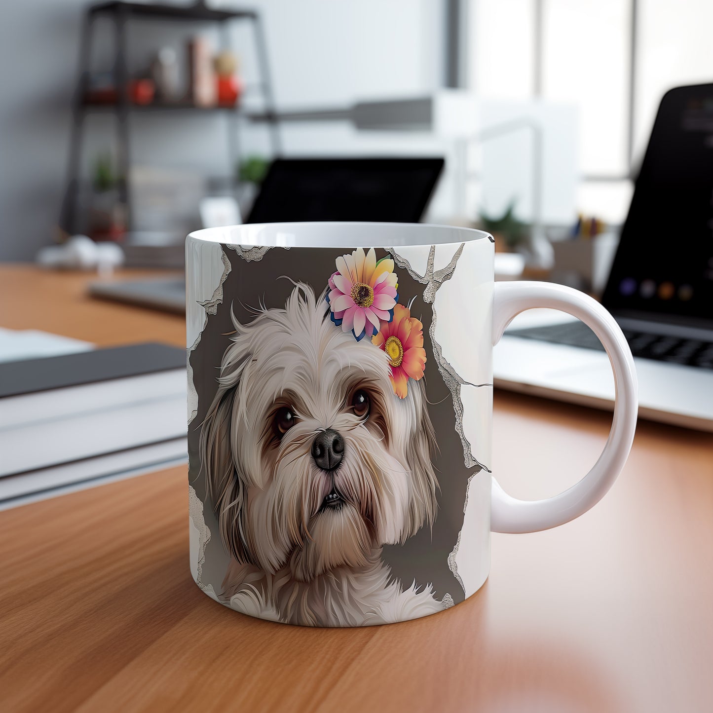 Hrnek se šťastným shihtzu a květy