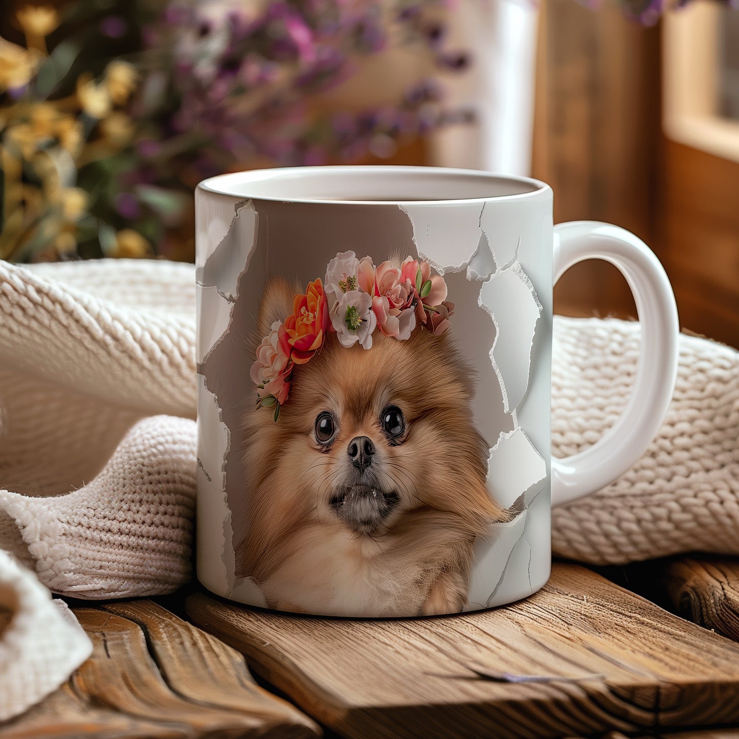 Hrnek s Pomeranianem a květinovou čelenkou