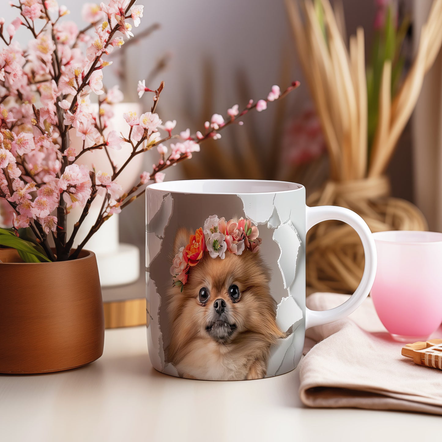 Hrnek s Pomeranianem a květinovou čelenkou