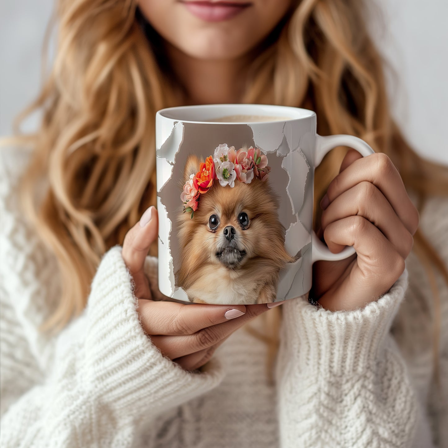 Hrnek s Pomeranianem a květinovou čelenkou