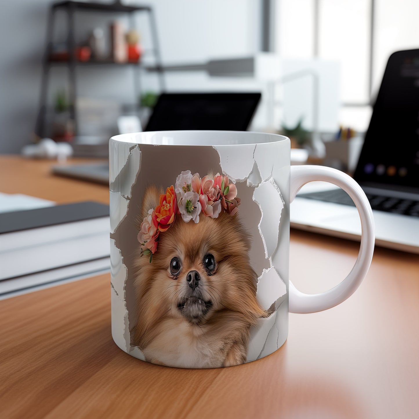 Hrnek s Pomeranianem a květinovou čelenkou