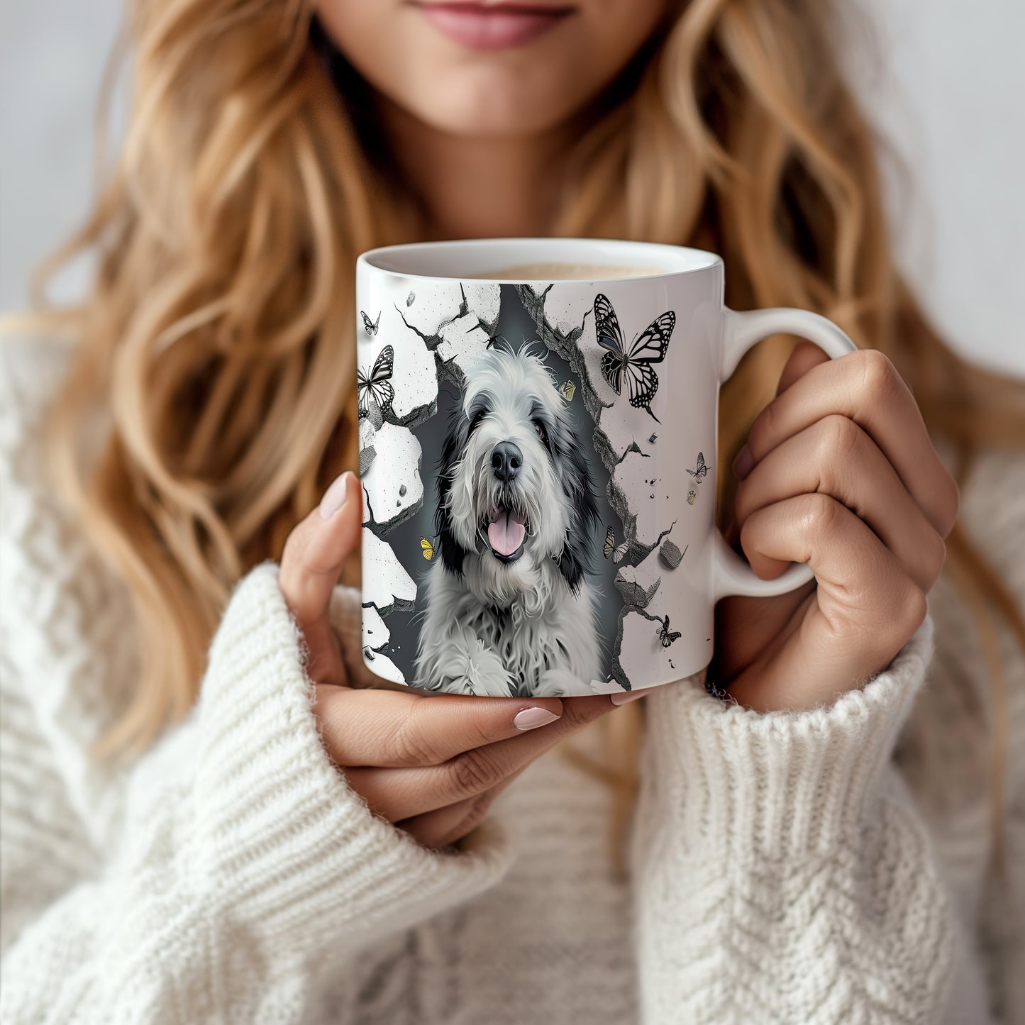 Hrnek s ovčákem a motýly v 3D efektem