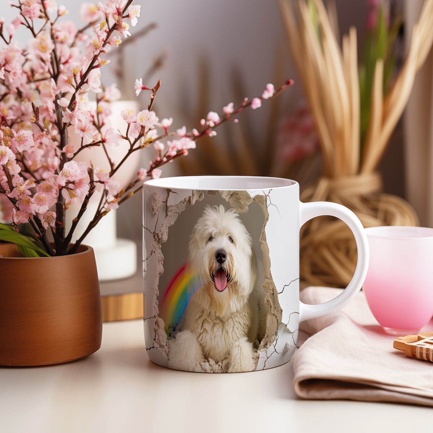Hrnek s veselým coton de tulear a duhou