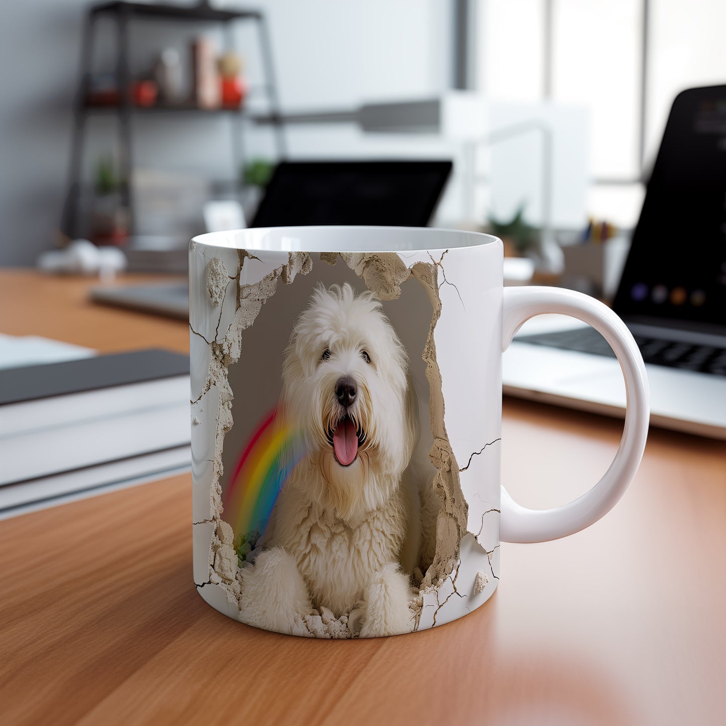 Hrnek s veselým coton de tulear a duhou