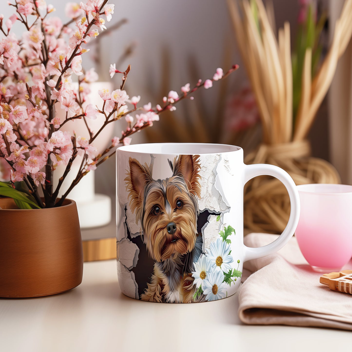 Hrnek s roztomilým pejskem v květinách – 3D efektem