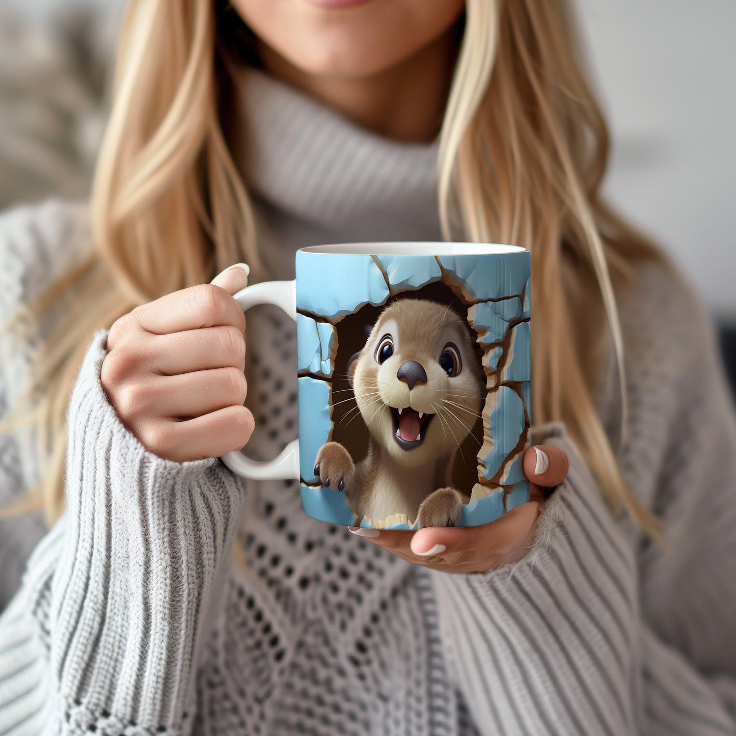 Hrnek s roztomilou vydrou 3D efektem – modrými detaily