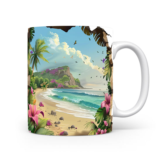Hrnek s tropickou pláží a květinami