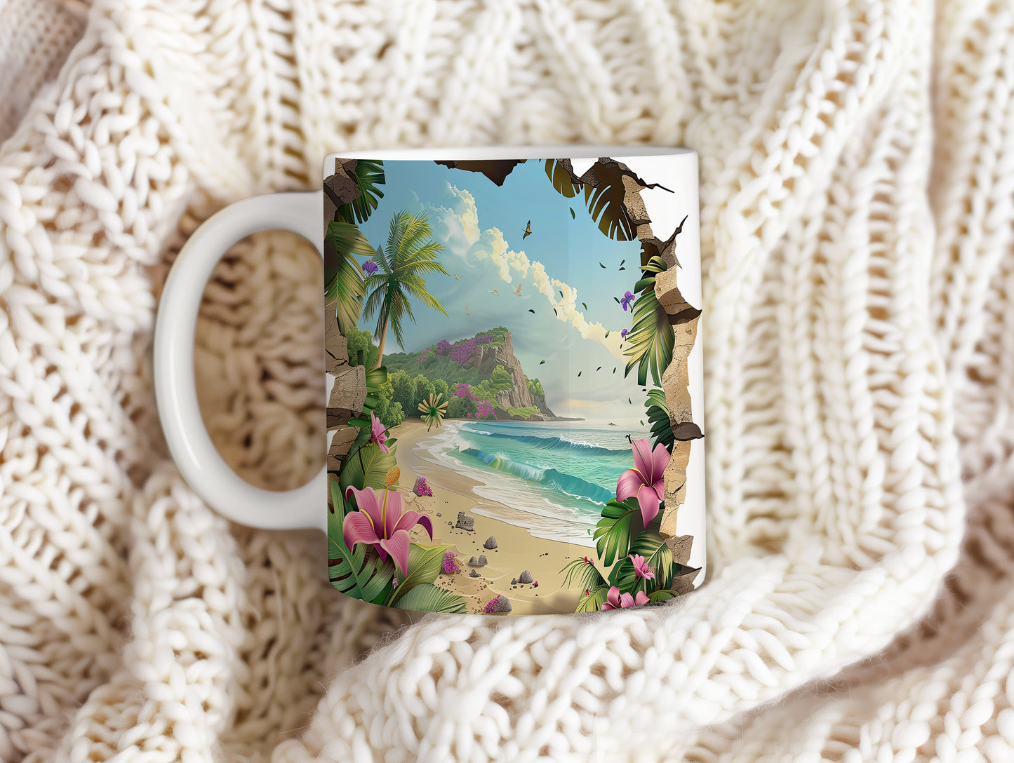 Hrnek s tropickou pláží a květinami