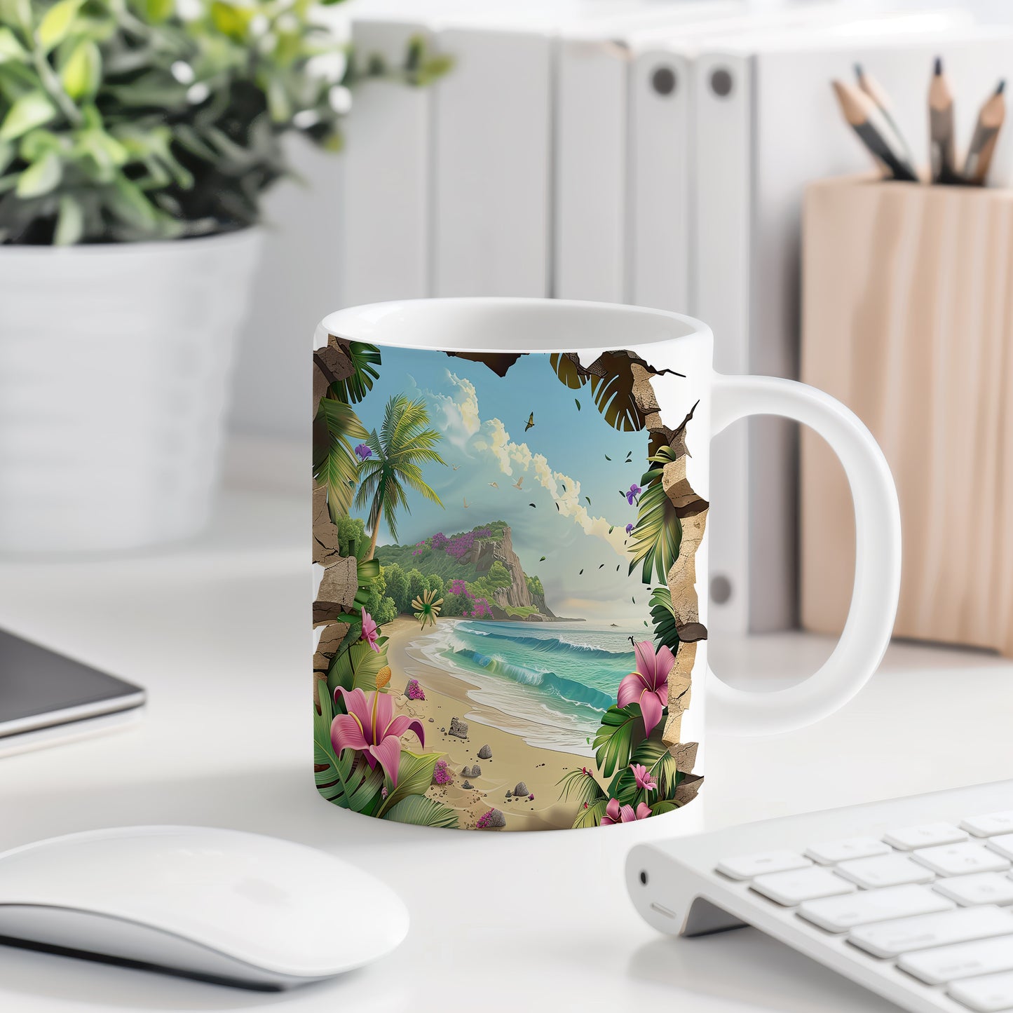 Hrnek s tropickou pláží a květinami