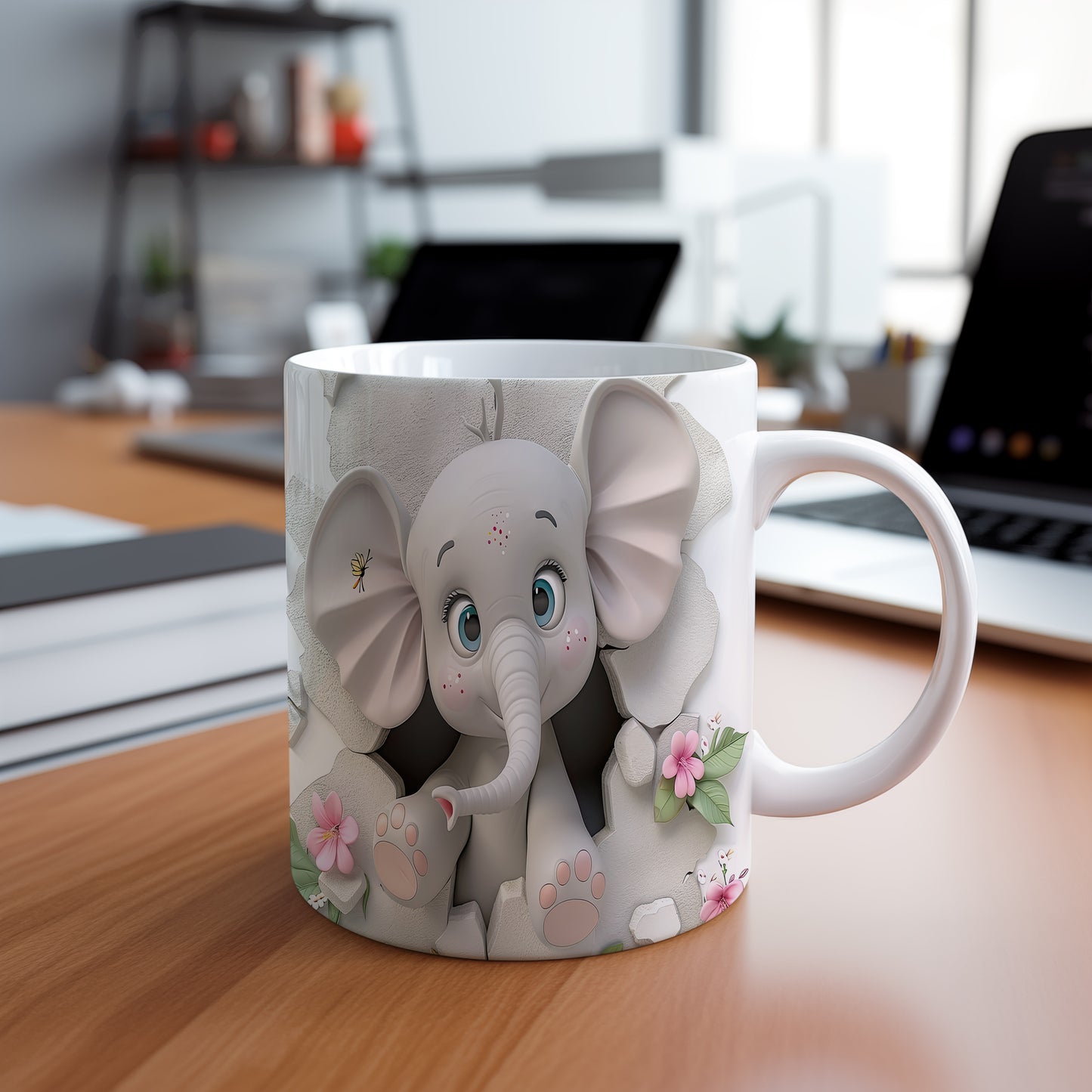 Hrnek s roztomilým slonem v květinách – 3D efektem