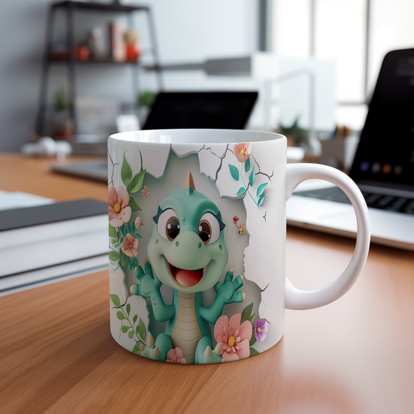Hrnek s veselým výrazem dinosaurka