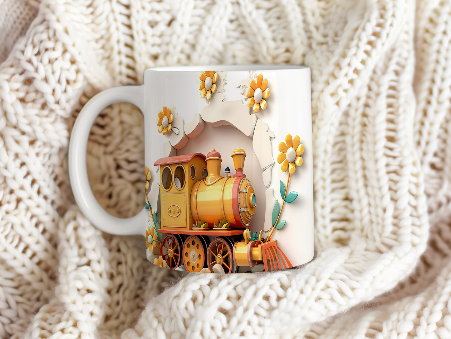 Hrnek s vláčkem a květinami – bílým provedením