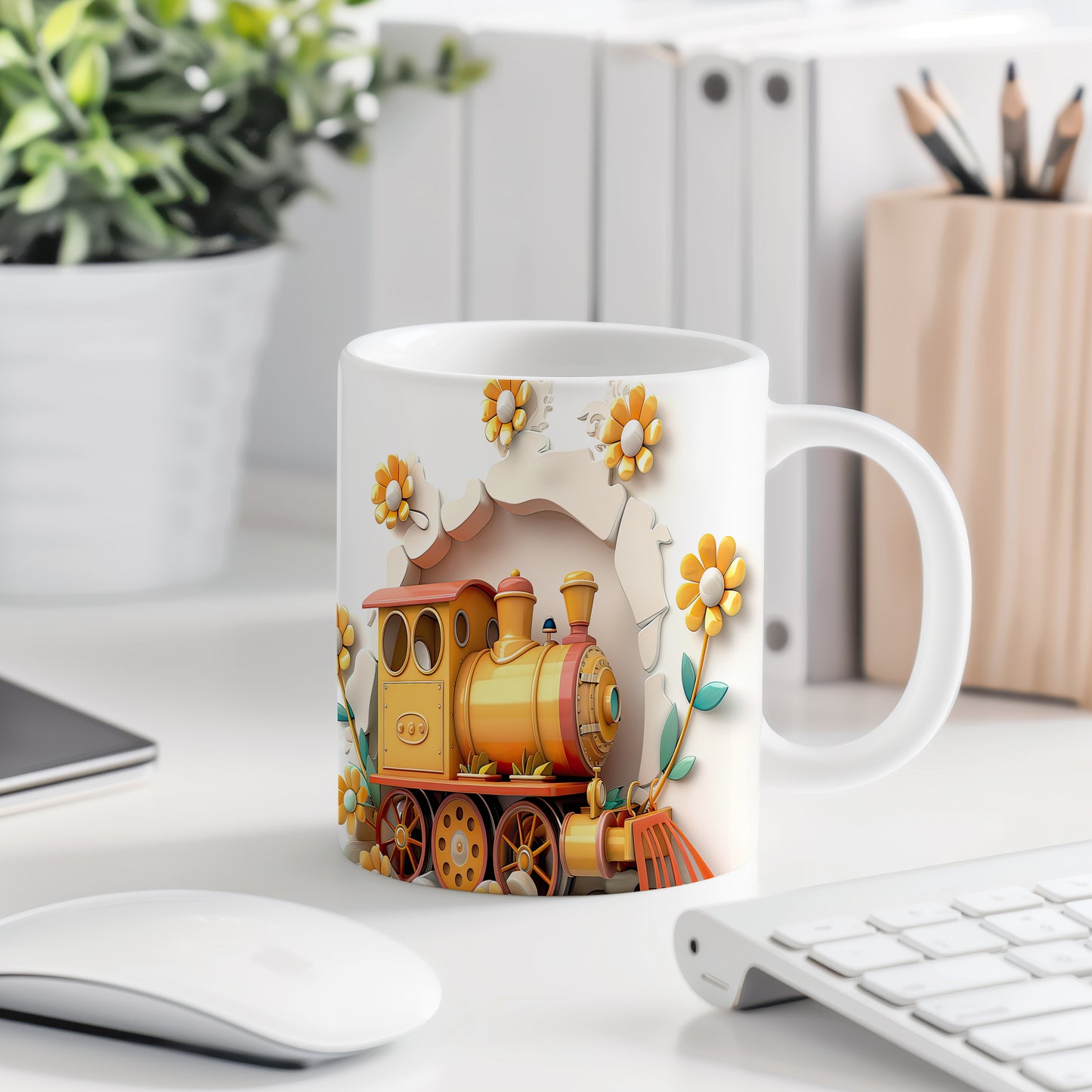 Hrnek s vláčkem a květinami – bílým provedením