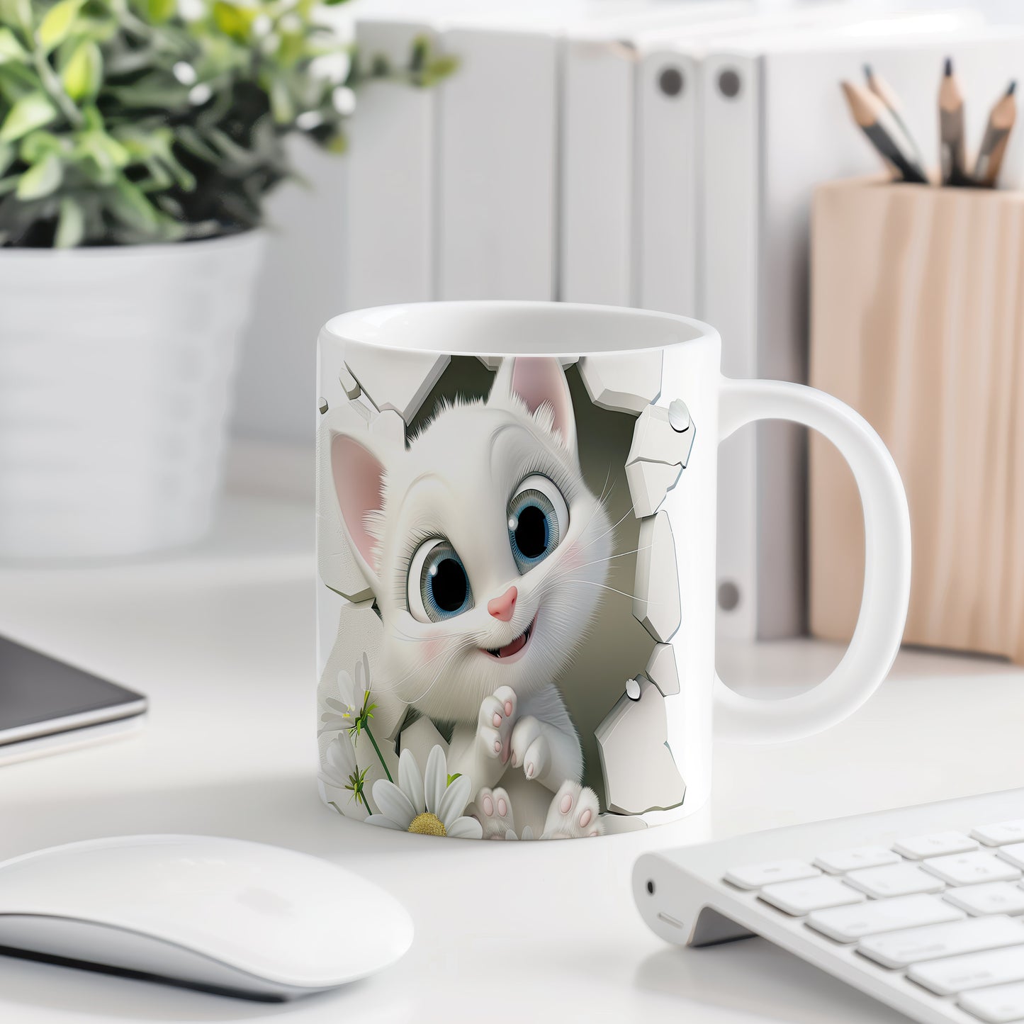 Hrnek s roztomilou kočičkou 3D efektem – modrými detaily