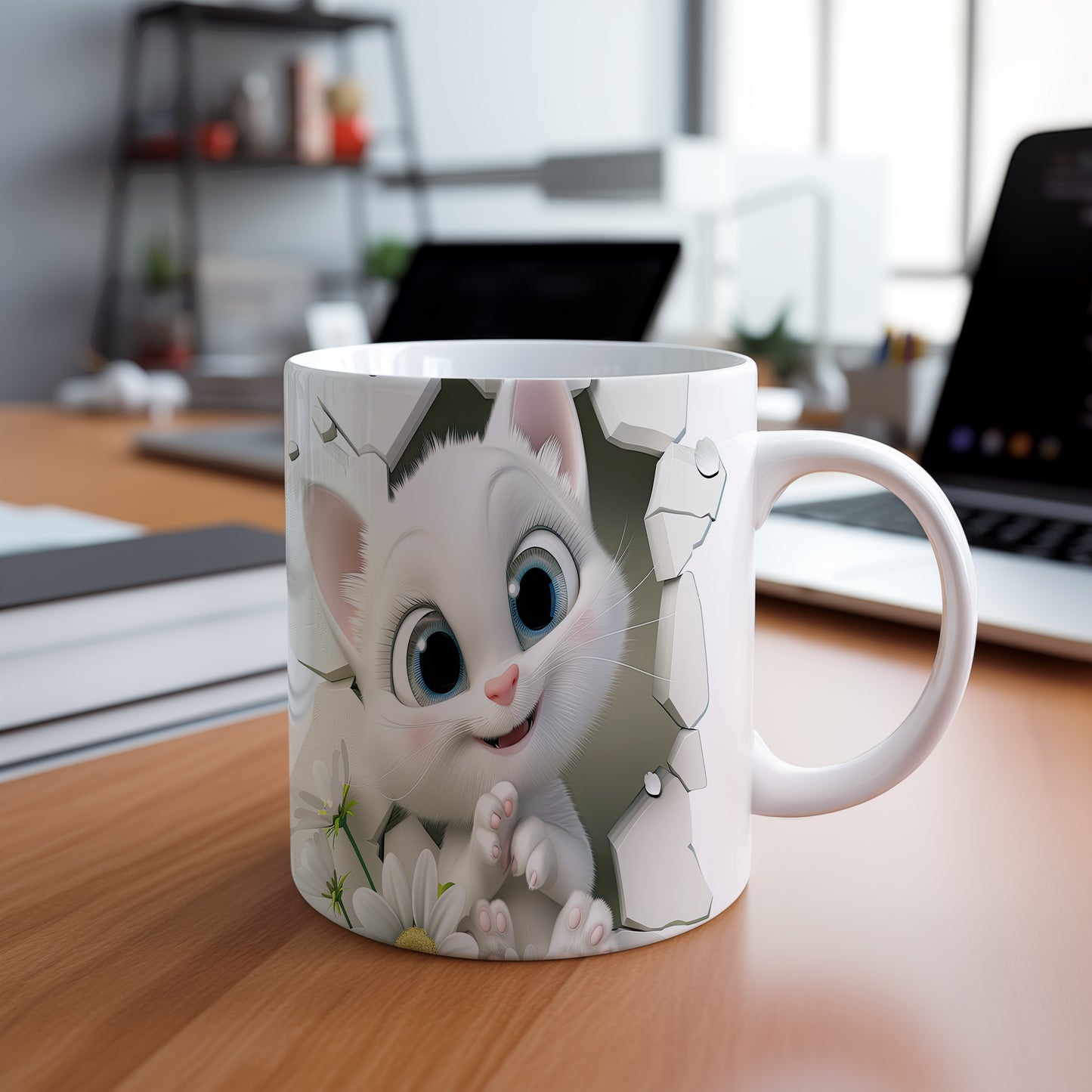 Hrnek s roztomilou kočičkou 3D efektem – modrými detaily