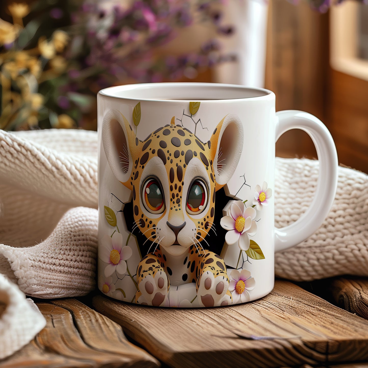 Hrnek s roztomilým leopardím mládětem – černobílým motivem