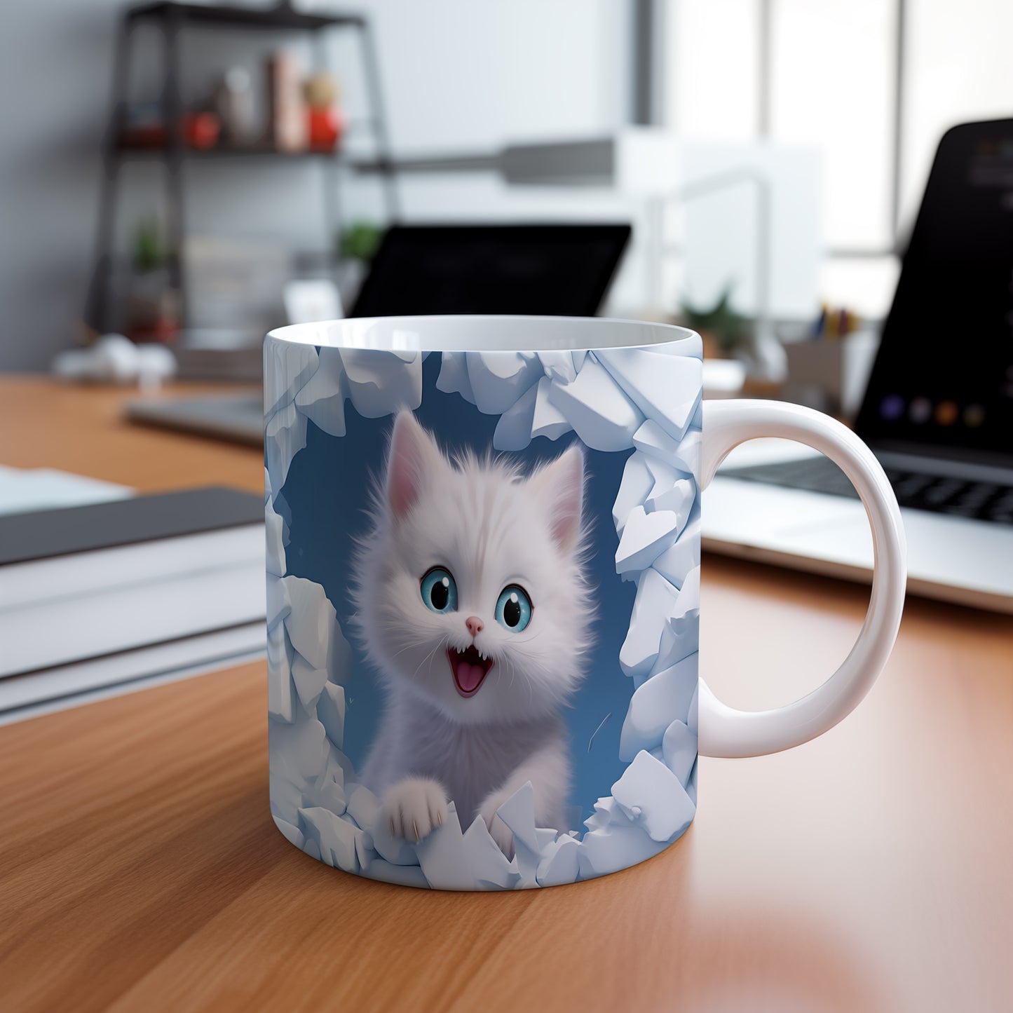 Hrnek s roztomilou kočičkou 3D efektem – modrýma očima