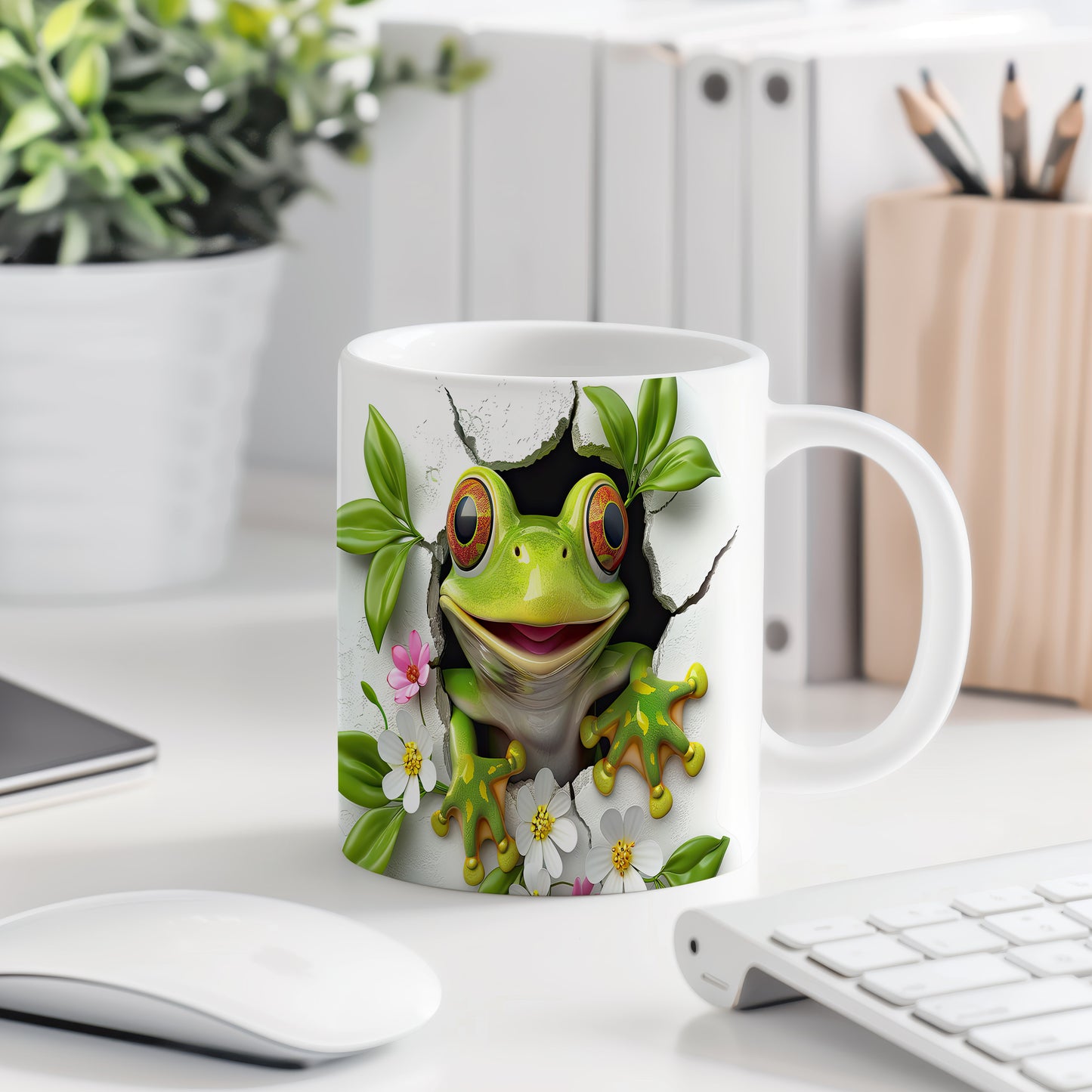 Hrnek se žabkou vykukující z 3D efektu