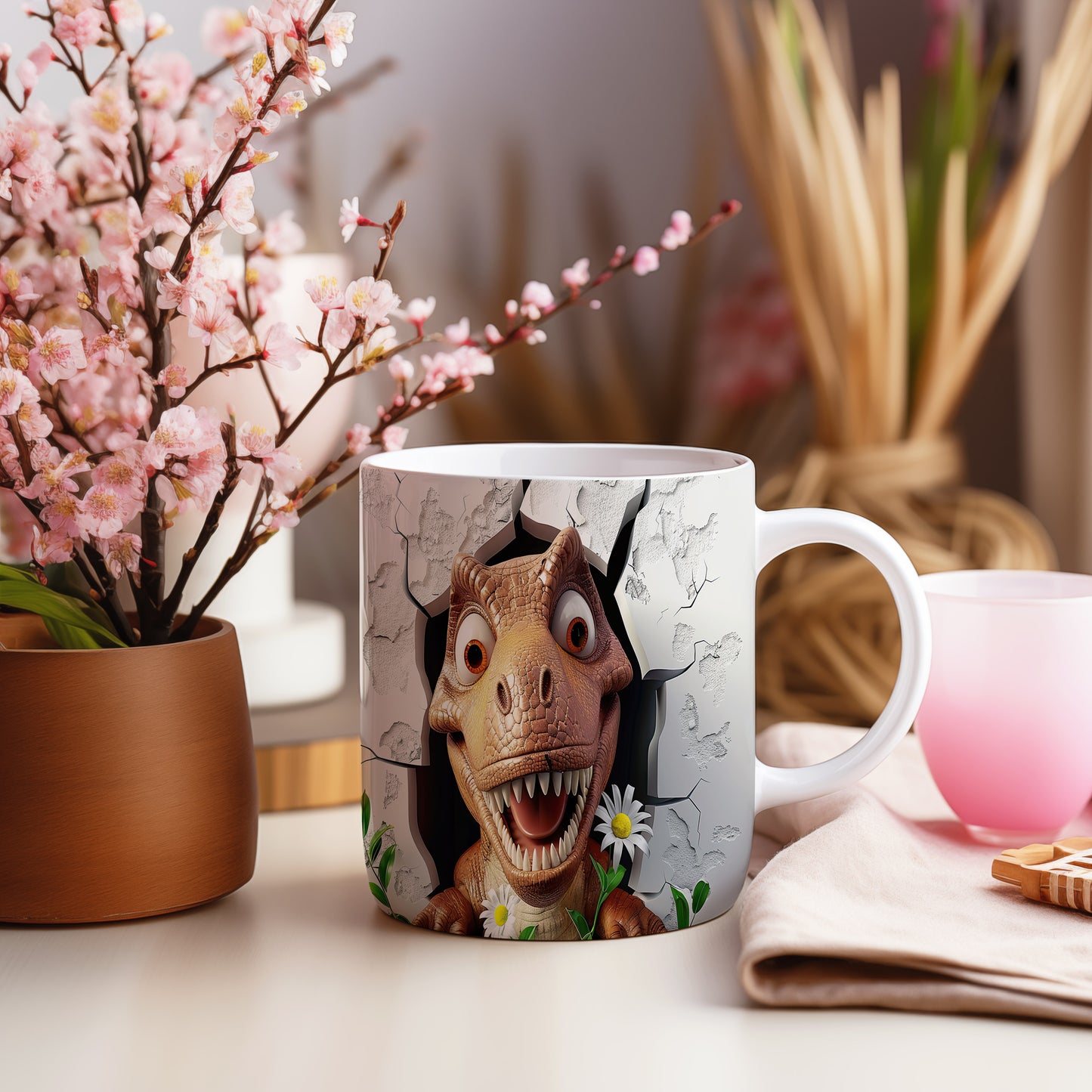 Hrnek s dinosaurusem 3D efektem – černobílým motivem